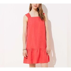 Loft Linen Blend Square Neck Flounce Coral Summer Vacation Dress